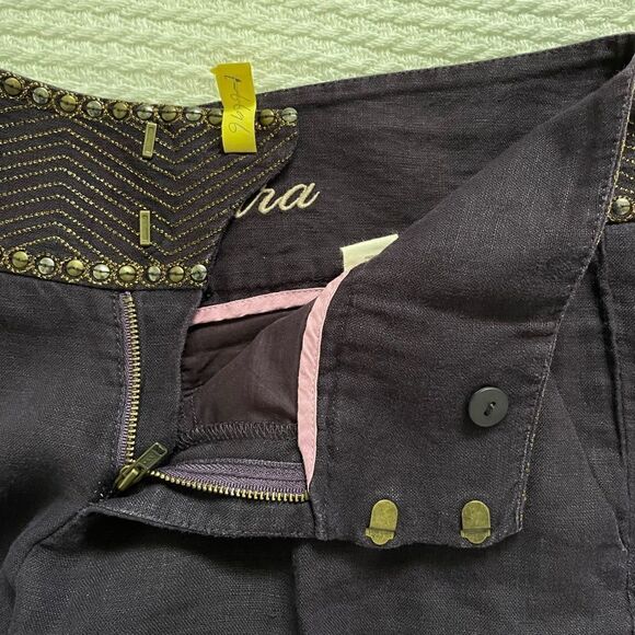 Idra Anthropologie Linen Plum Wide Leg Flare Low Rise Trousers Pants 4 32 - Picture 6 of 7